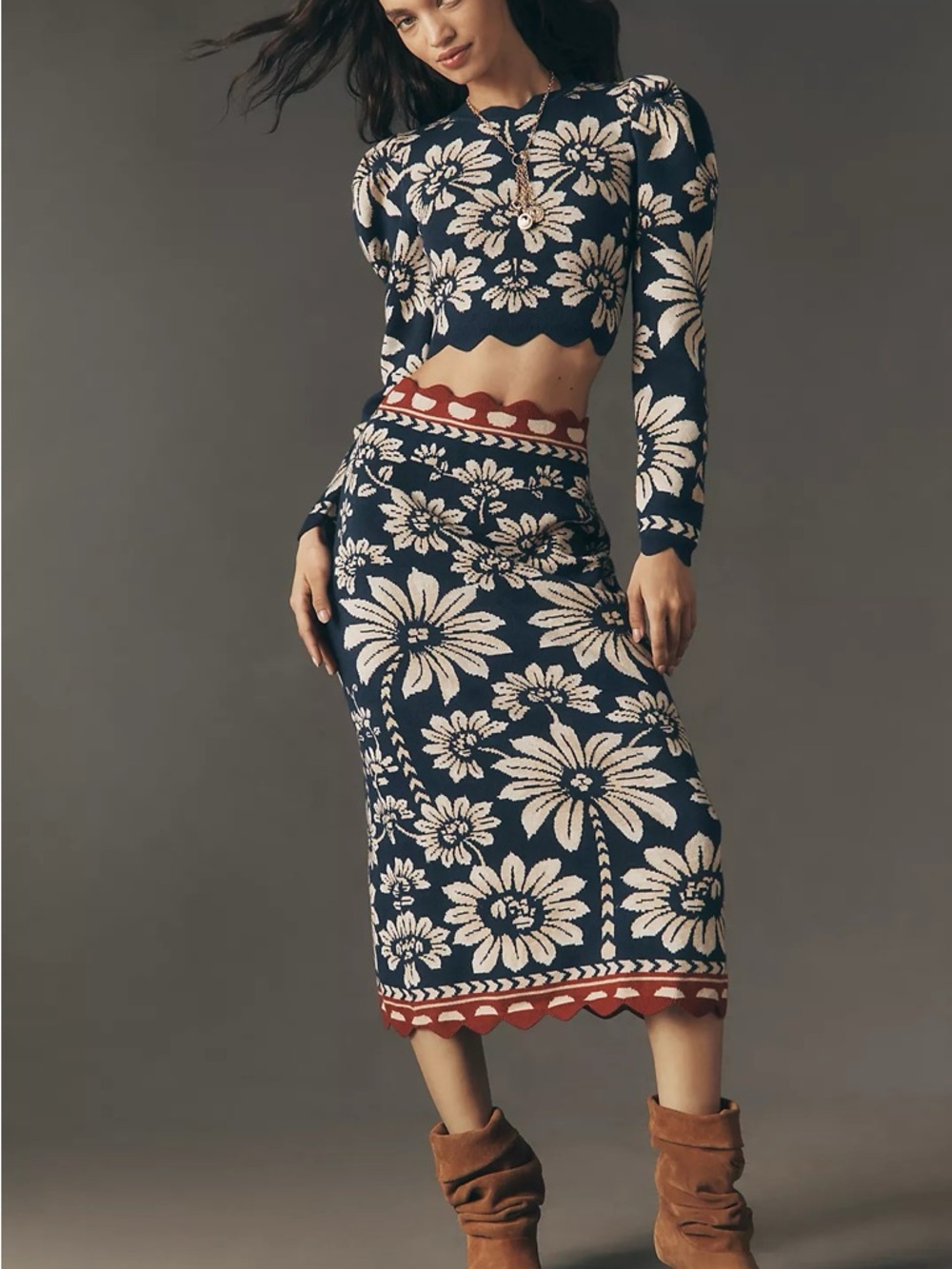 FARM Rio Luna Floral Knit Pencil Skirt Navy Cream Red Scalloped Trim Medium NWT - Picture 5 of 13